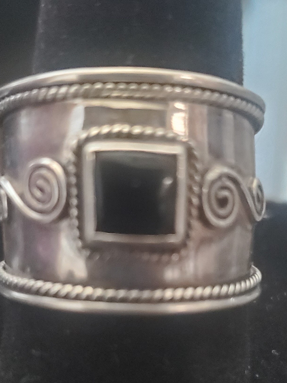 Sterling Silver Black Onyx Wide Band Ring Size 7